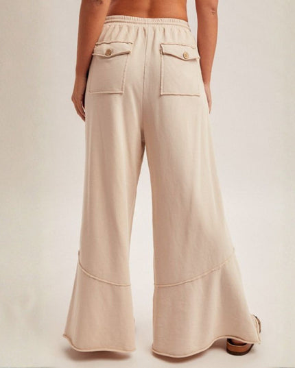 Ruffle Hem Wide Leg Elastic Tie Waist Pants Ecru