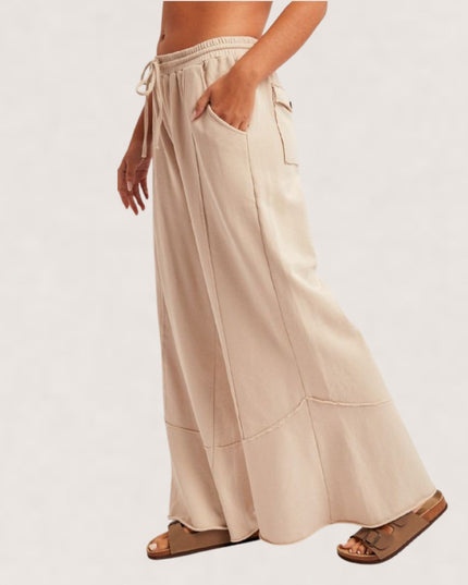 Ruffle Hem Wide Leg Elastic Tie Waist Pants Stone