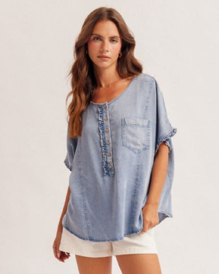 Ruffle Inserted Placket Dolman Short Sleeve Denim Top