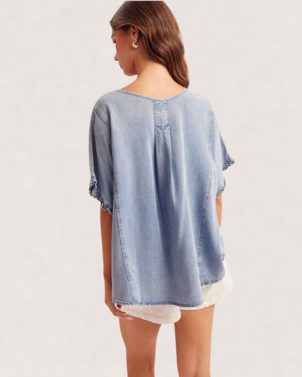 Ruffle Inserted Placket Dolman Short Sleeve Denim Top Blue