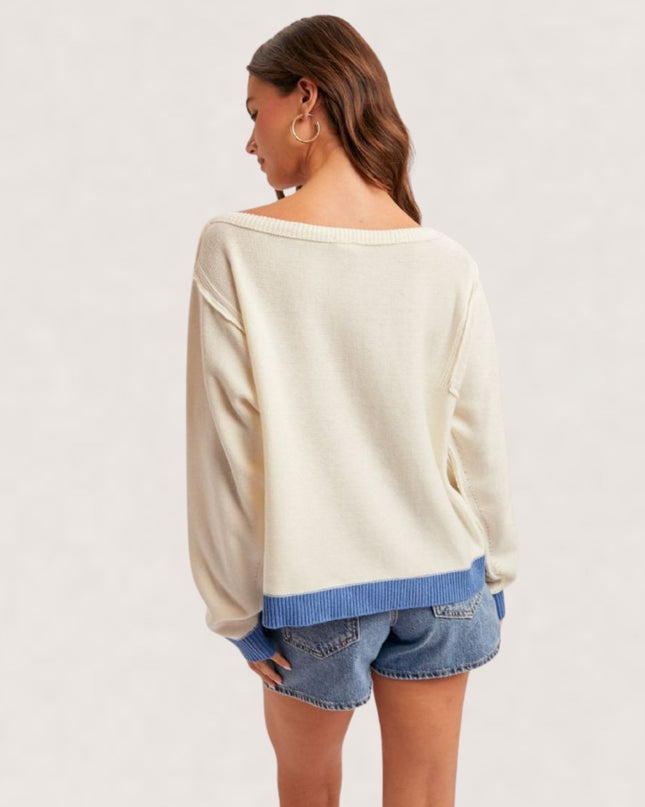 Salty Boat Neck Contrast Bottom Sweater Ivory