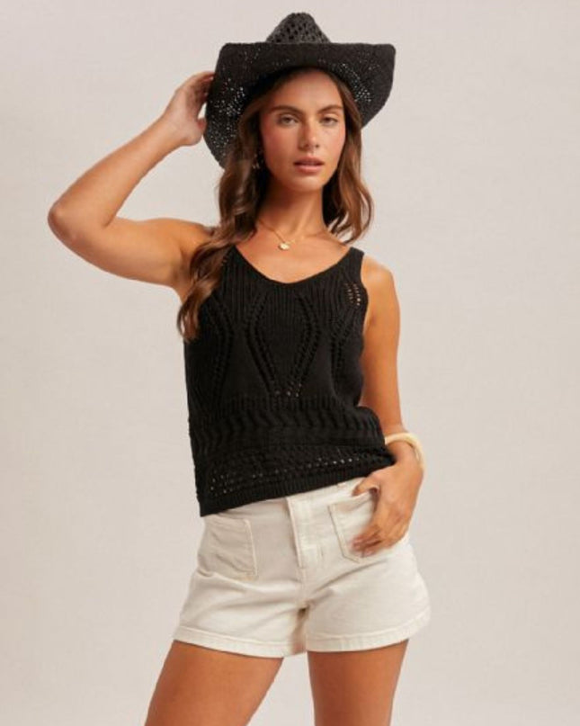 Sleeveless Crochet Sweater Tank Top Black