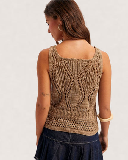 Sleeveless Crochet Sweater Tank Top Brown