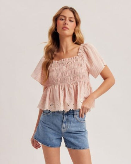 Square Neck Short Sleeve Smocked Striped Embroidered Eyelet Hem Top