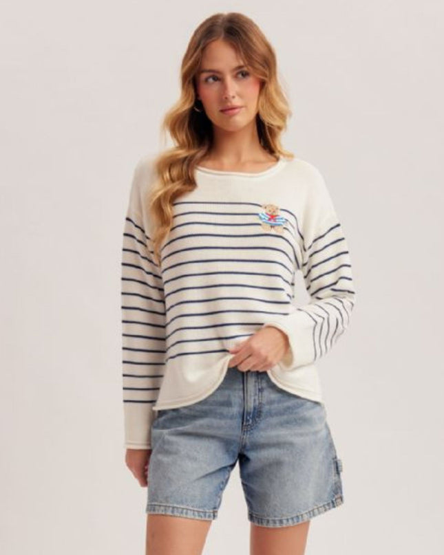 Striped Embroidered Bear Round Neck Rolled Trim Sweater