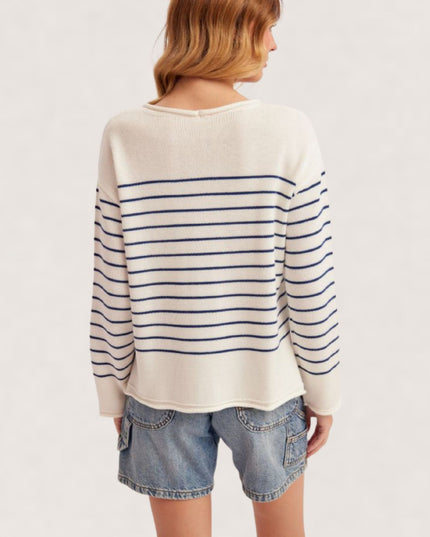 Striped Embroidered Bear Round Neck Rolled Trim Sweater Ivory