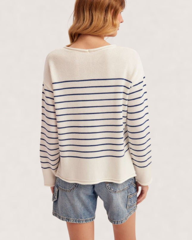 Striped Embroidered Bear Round Neck Rolled Trim Sweater Ivory