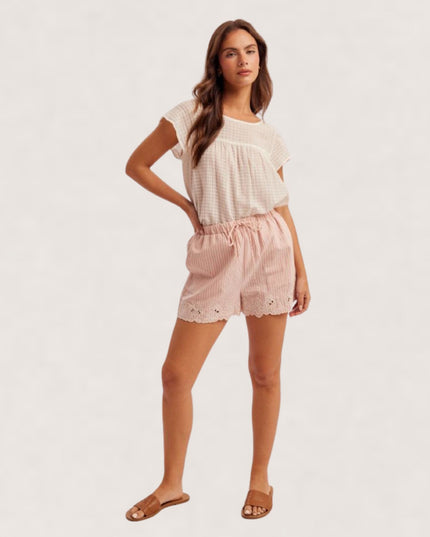 Striped Embroidered Eyelet Hem Elastic Tie Waist Shorts