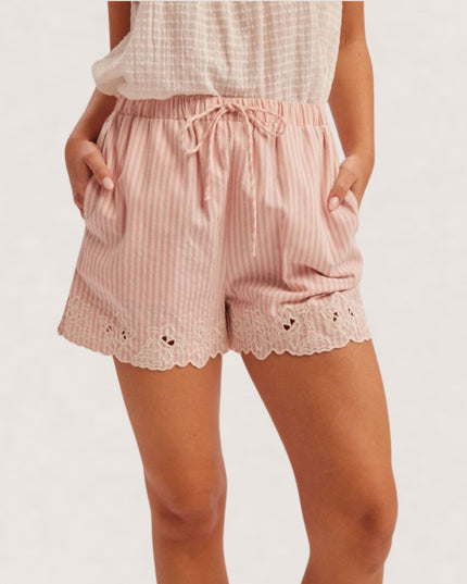 Striped Embroidered Eyelet Hem Elastic Tie Waist Shorts Light Pink