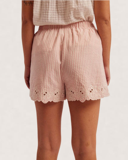 Striped Embroidered Eyelet Hem Elastic Tie Waist Shorts Pale Pink 