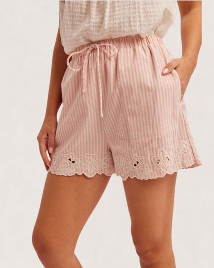 Striped Embroidered Eyelet Hem Elastic Tie Waist Shorts Pink