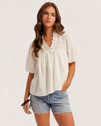 V Neck Smocked Short Sleeve Poplin Top