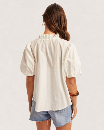 V Neck Smocked Short Sleeve Poplin Top White
