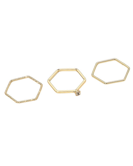 Three gold hexagonal hoop earrings on a white background