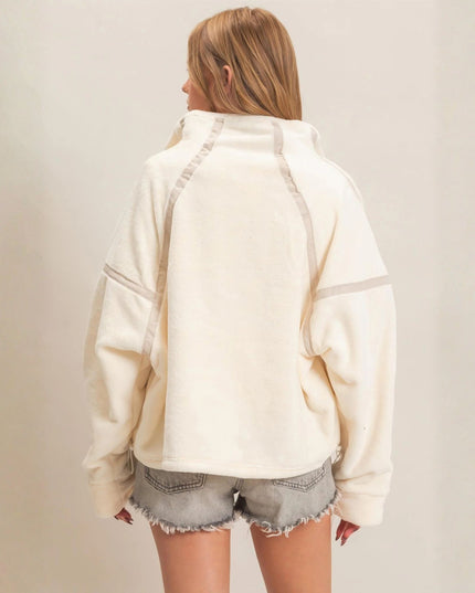 Contrast Trim Half Zip Fleece Pullover Top