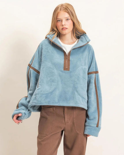 Contrast Trim Half Zip Fleece Pullover Top Blue