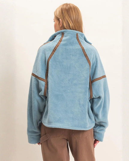 Contrast Trim Half Zip Fleece Pullover Top Dusty Blue