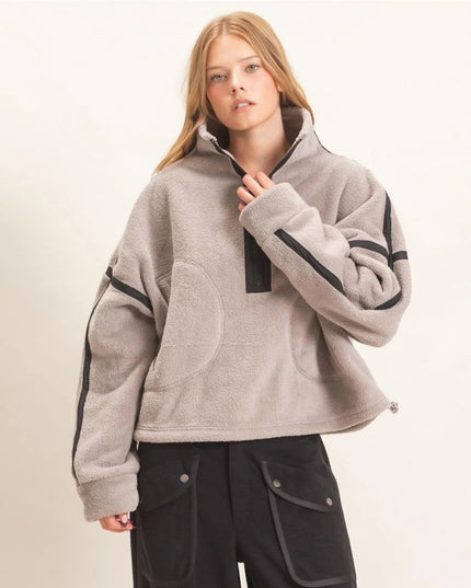 Contrast Trim Half Zip Fleece Pullover Top Gray