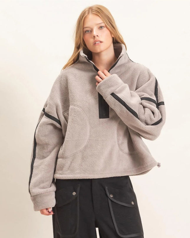 Contrast Trim Half Zip Fleece Pullover Top Gray