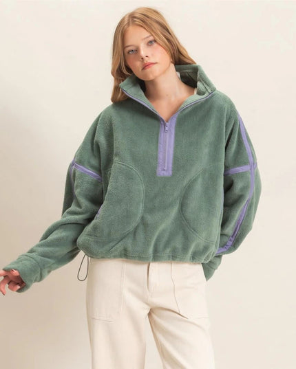 Contrast Trim Half Zip Fleece Pullover Top Green