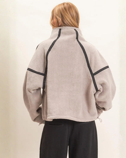 Contrast Trim Half Zip Fleece Pullover Top Grey