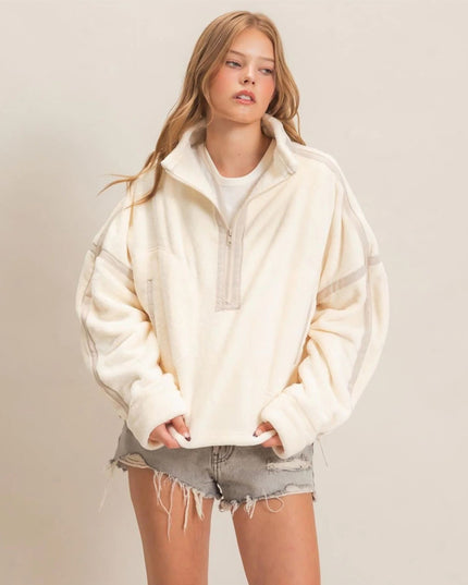Contrast Trim Half Zip Fleece Pullover Top Ivory