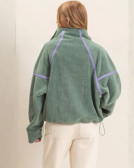Contrast Trim Half Zip Fleece Pullover Top Sage