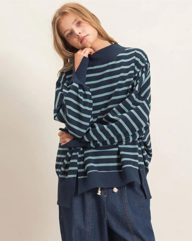 Striped Mock Neck Split Hem Sweatshirt Blue