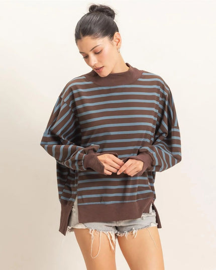 Striped Mock Neck Split Hem Sweatshirt