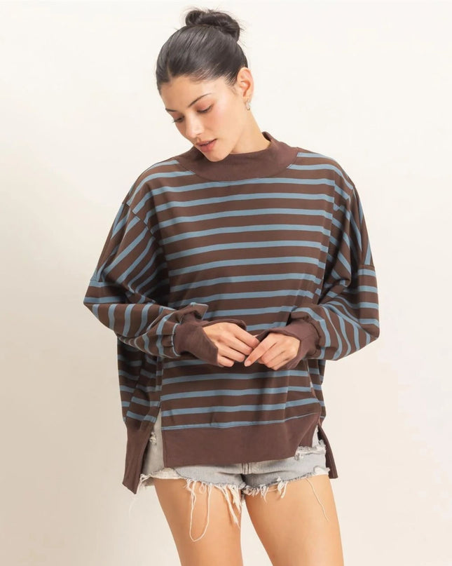 Striped Mock Neck Split Hem Sweatshirt