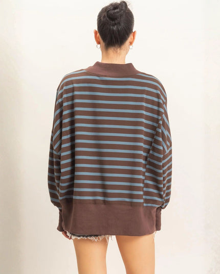 Striped Mock Neck Split Hem Sweatshirt Brown