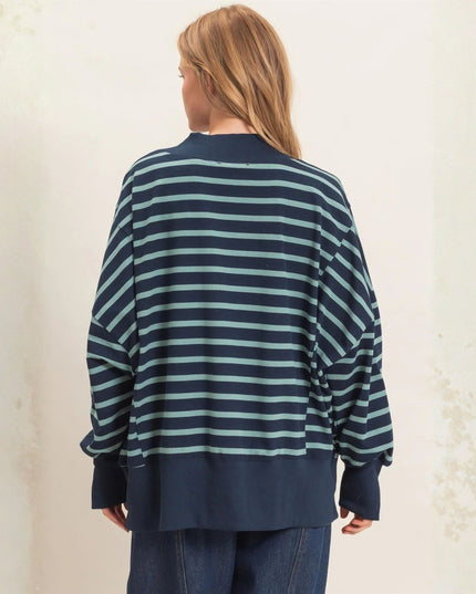 Striped Mock Neck Split Hem Sweatshirt Navy