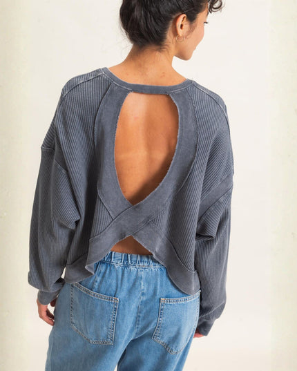 A person shown from the back wearing a dark gray ribbed long-sleeve top with a large open back and crossed lower back detail, paired with light blue jeans against a plain light wall.