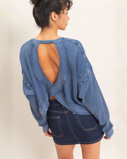 A woman shown from the back wearing a blue ribbed knit long-sleeve top with a large open back and a dark denim mini skirt, against a plain light beige wall.