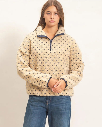 Polka Dot Sherpa Half Zip Pullover Top