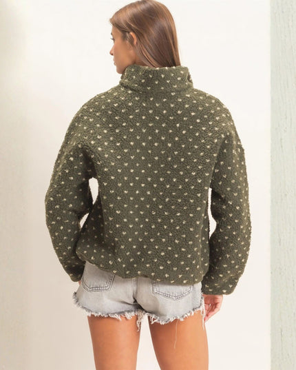 Polka Dot Sherpa Half Zip Pullover Top Green