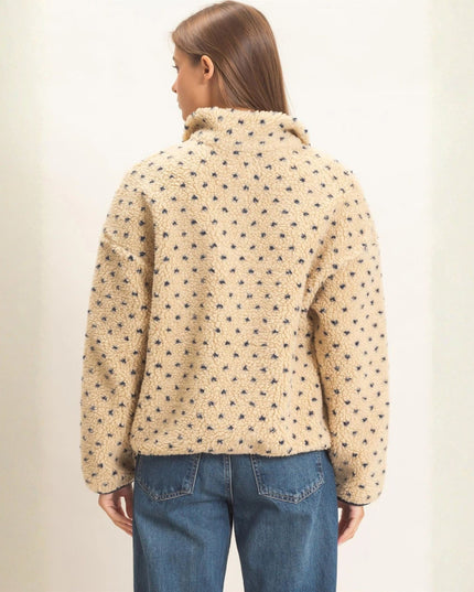 Polka Dot Sherpa Half Zip Pullover Top Beige
