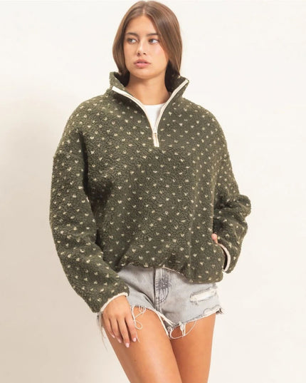 Polka Dot Sherpa Half Zip Pullover Top Olive