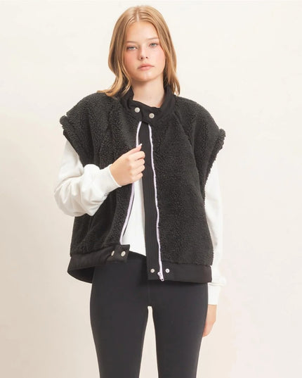 Sherpa Stand Collar Zip Up Vest Black
