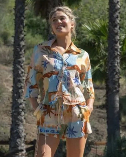 Coastal Print Button Down Short Sleeve Top Brown