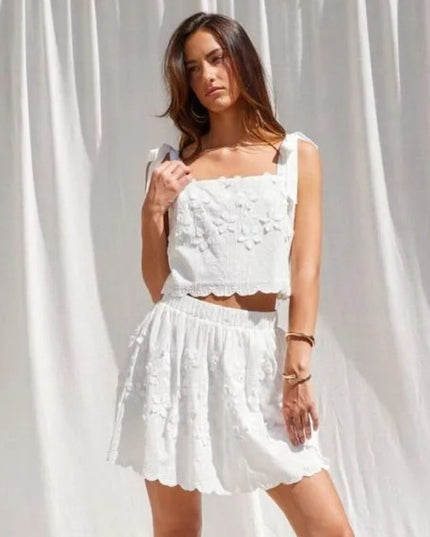 Embroidered Tie Shoulder Crop Top