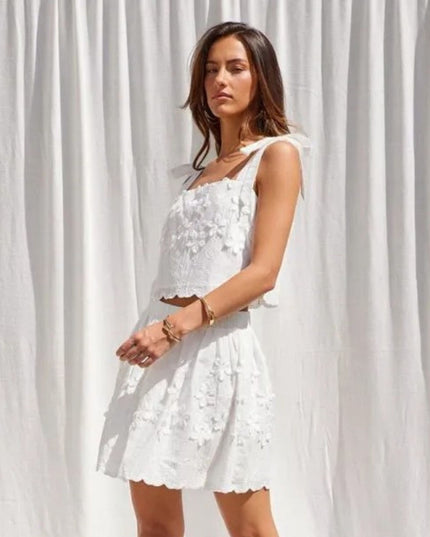 Embroidered Tie Shoulder Crop Top Off White
