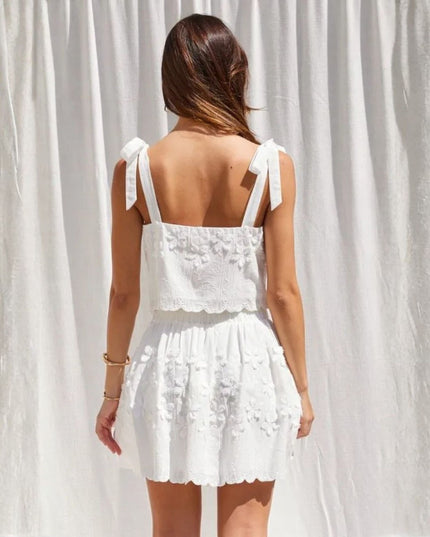 Embroidered Tie Shoulder Crop Top White