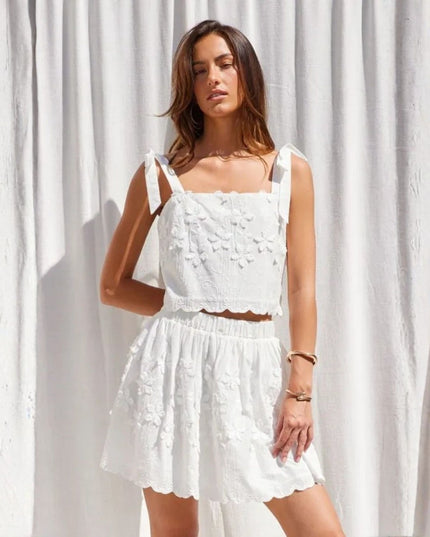 Embroidered Tie Shoulder Crop Top White