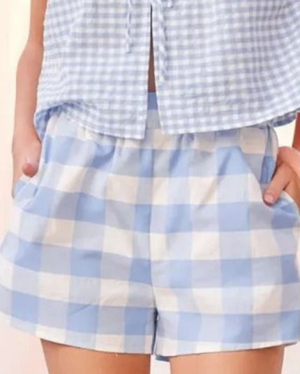 Gingham Elastic Waist Side Pocket Shorts Blue