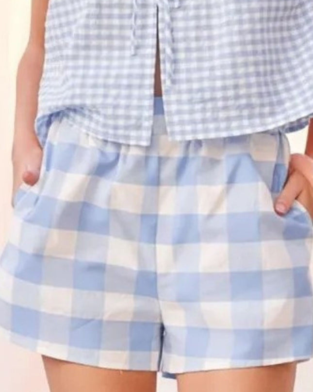 Gingham Elastic Waist Side Pocket Shorts Blue