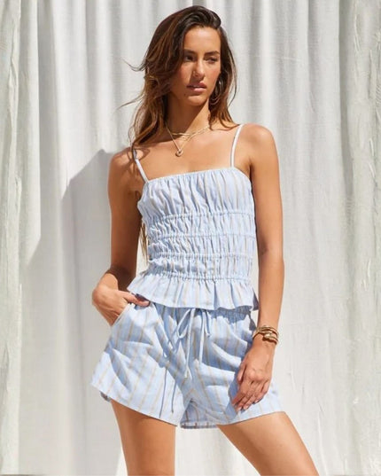 Shirred Striped Open Back Adjustable Strap Top Blue