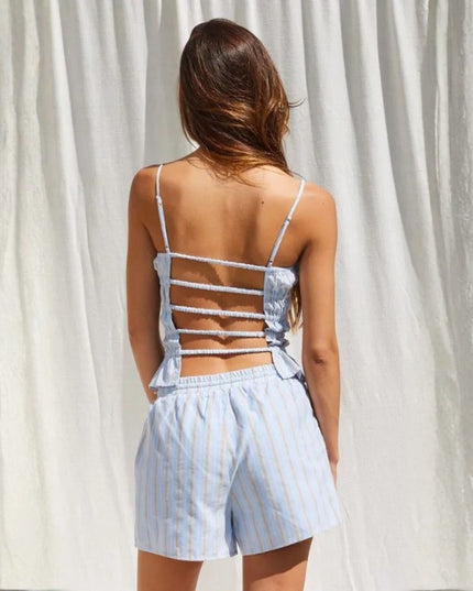 Shirred Striped Open Back Adjustable Strap Top Light Blue
