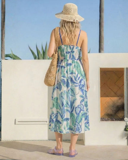 Tropical Leaf Print Tie Front Spaghetti Strap Smocked Back Midi Dress