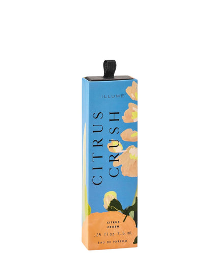 Perfume bottle with blue label featuring floral design on a white background